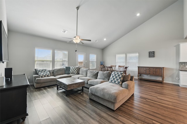 5637 Castle Peak Bnd, Fort Worth, TX 76126 - living room featuring ceiling fan, healthy amount of natural light, dark wood finished floors, recessed lighting, and high vaulted ceiling