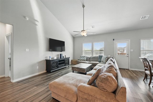 5637 Castle Peak Bnd, Fort Worth, TX 76126 - living room with healthy amount of natural light, a ceiling fan, wood finished floors, baseboards, and high vaulted ceiling