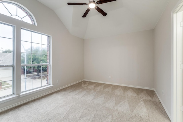 5312 Bellis Dr, Fort Worth, TX 76244 - empty room featuring light carpet, lofted ceiling, ceiling fan, and baseboards