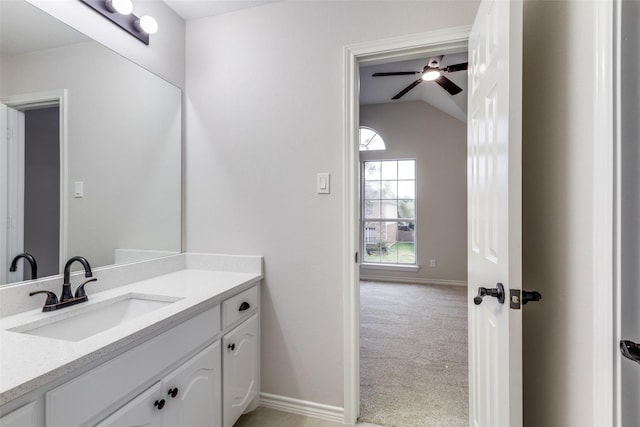 5312 Bellis Dr, Fort Worth, TX 76244 - bathroom with vanity, lofted ceiling, ceiling fan, and baseboards