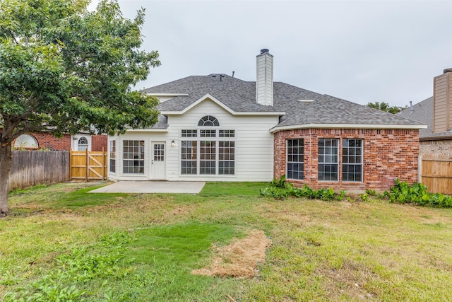 5312 Bellis Dr, Fort Worth, TX 76244 - back of house featuring a patio, brick siding, roof with shingles, and a chimney