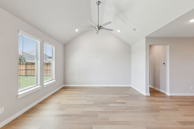 2745 Lopice Ln, Fort Worth, TX 76179 - spare room featuring a ceiling fan, recessed lighting, light wood-type flooring, baseboards, and vaulted ceiling