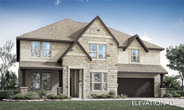 409 Atlas Cedar Dr, Glenn Heights, TX 75154 - french country home with stone siding, an attached garage, driveway, and roof with shingles