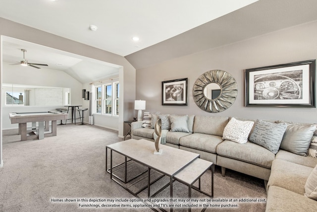 409 Atlas Cedar Dr, Glenn Heights, TX 75154 - carpeted living area with vaulted ceiling, baseboards, a ceiling fan, and billiards