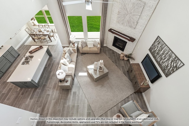 409 Atlas Cedar Dr, Glenn Heights, TX 75154 - living area featuring a glass covered fireplace, a towering ceiling, and wood finished floors
