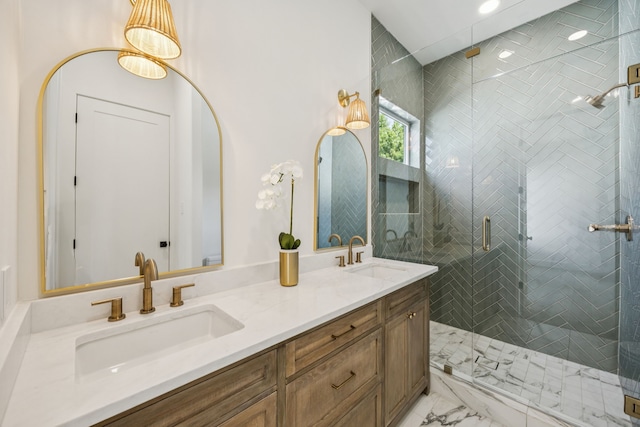 6244 Richmond Ave, Dallas, TX 75214 - bathroom with double vanity, a shower stall, marble finish flooring, and recessed lighting