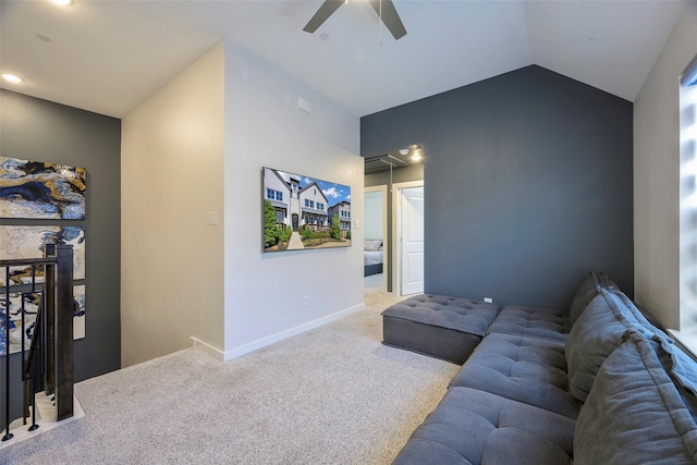 363 Somerville Dr, Mckinney, TX 75071 - carpeted living room featuring a ceiling fan, vaulted ceiling, baseboards, and recessed lighting