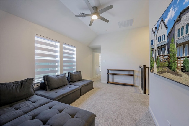 363 Somerville Dr, Mckinney, TX 75071 - carpeted living area with vaulted ceiling, ceiling fan, and baseboards