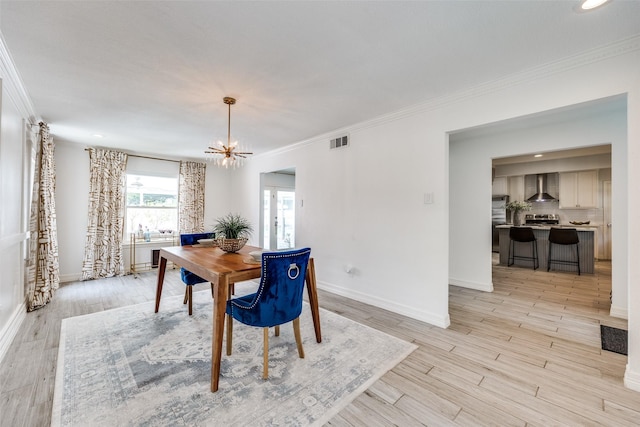 2617 Beechmont Dr, Dallas, TX 75228 - dining area with a chandelier, baseboards, light wood finished floors, ornamental molding, and recessed lighting
