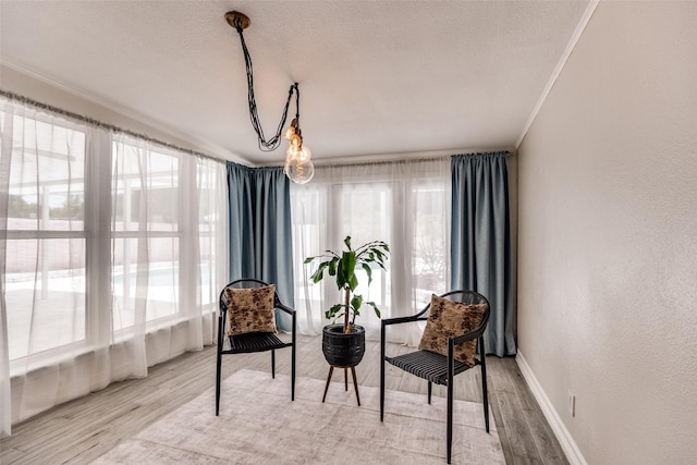 2617 Beechmont Dr, Dallas, TX 75228 - sitting room with ornamental molding, healthy amount of natural light, a textured wall, light wood-style flooring, and baseboards