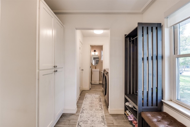 2617 Beechmont Dr, Dallas, TX 75228 - laundry area featuring washer and dryer, light wood-type flooring, healthy amount of natural light, baseboards, and ornamental molding