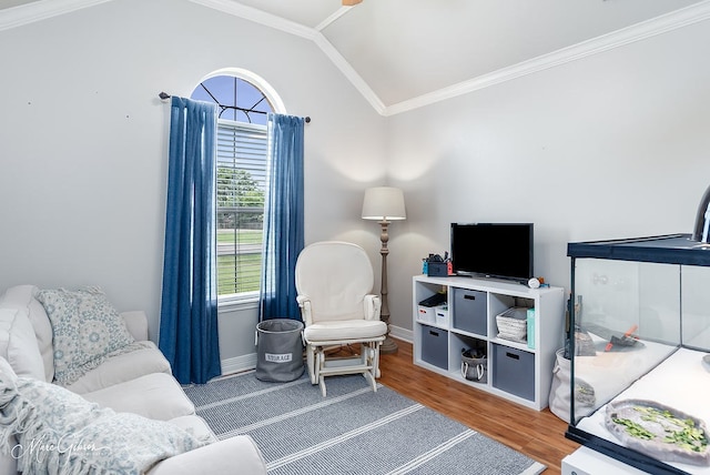 2198 Stockwell Rd, Bossier City, LA 71111 - living room with crown molding, healthy amount of natural light, wood finished floors, vaulted ceiling, and baseboards