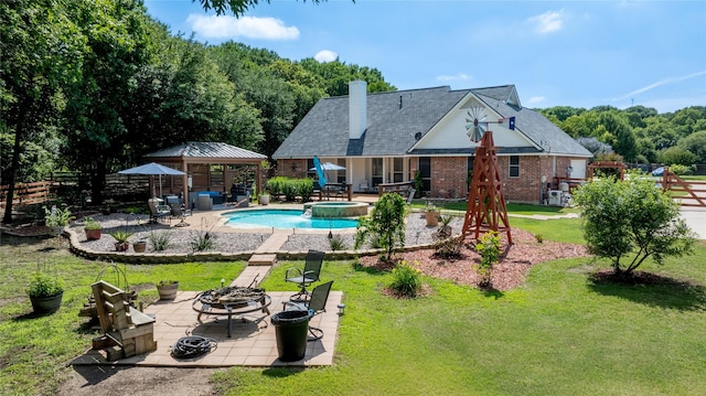 4710 Ashley Cir, Midlothian, TX 76065 - view of swimming pool with an outdoor fire pit, a patio area, a gazebo, and a pool with connected hot tub