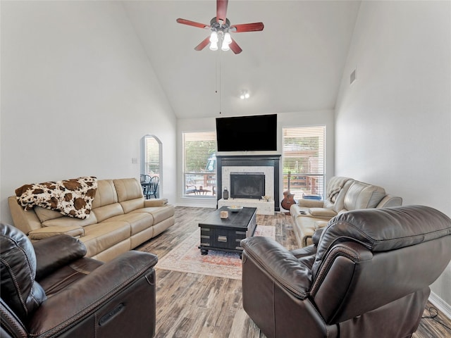 4710 Ashley Cir, Midlothian, TX 76065 - living area with high vaulted ceiling, a ceiling fan, light wood-style floors, and a fireplace with raised hearth