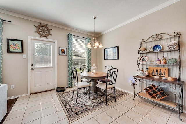 10237 Pyrite Dr, Fort Worth, TX 76131 - dining space featuring a chandelier, light tile patterned floors, crown molding, and baseboards