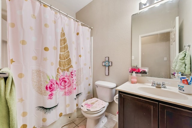 10237 Pyrite Dr, Fort Worth, TX 76131 - bathroom featuring toilet, vanity, tile patterned flooring, and a shower with shower curtain