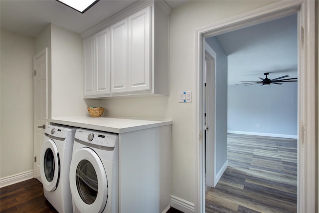 1220 Melony Dr, Sulphur Springs, TX 75482 - laundry room featuring cabinet space, washing machine and dryer, dark wood-type flooring, baseboards, and ceiling fan