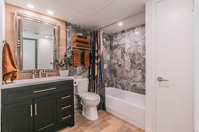 4851 Cedar Springs Rd Unit 175, Dallas, TX 75219 - bathroom with shower / bathtub combination with curtain, toilet, vanity, tile walls, and wood finished floors