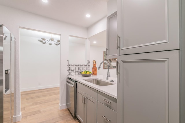 4851 Cedar Springs Rd Unit 175, Dallas, TX 75219 - kitchen featuring a sink, gray cabinetry, stainless steel appliances, light countertops, and light wood finished floors