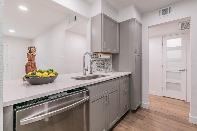 4851 Cedar Springs Rd Unit 175, Dallas, TX 75219 - kitchen featuring stainless steel dishwasher, gray cabinets, a sink, light wood-style flooring, and light countertops