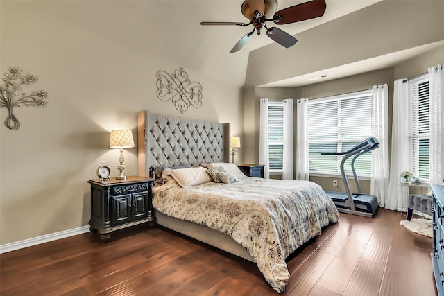 156 Buckskin Dr, Van Alstyne, TX 75495 - bedroom featuring dark wood finished floors, vaulted ceiling, and a ceiling fan