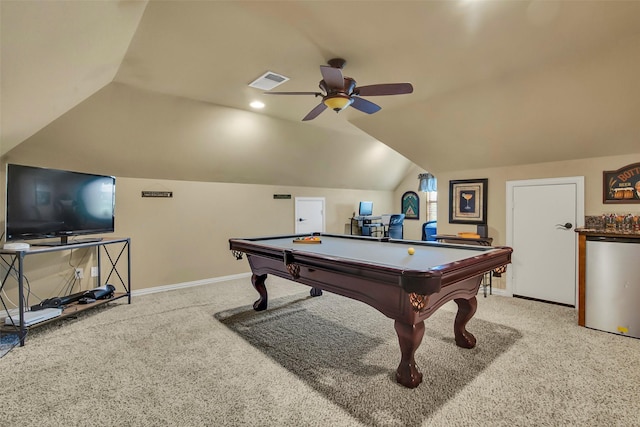 156 Buckskin Dr, Van Alstyne, TX 75495 - game room with ceiling fan, lofted ceiling, pool table, and carpet