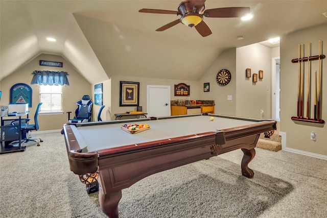 156 Buckskin Dr, Van Alstyne, TX 75495 - game room with carpet flooring, vaulted ceiling, ceiling fan, and billiards