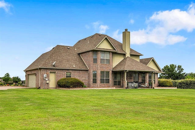 156 Buckskin Dr, Van Alstyne, TX 75495 - rear view of property with brick siding, a shingled roof, an attached garage, a lawn, and a chimney