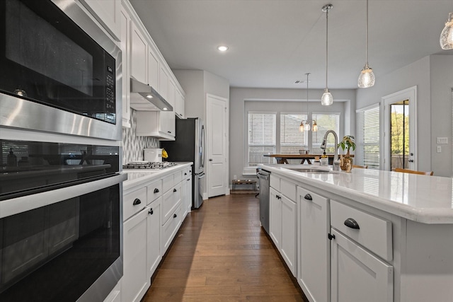 3204 Maplewood Dr, Mckinney, TX 75071 - kitchen with stainless steel appliances, under cabinet range hood, light countertops, white cabinetry, and dark wood-style flooring
