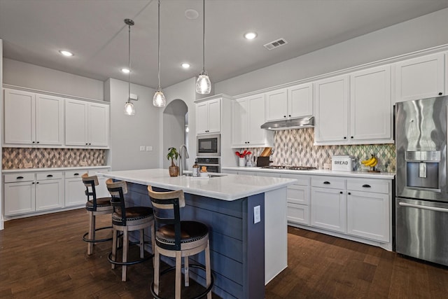3204 Maplewood Dr, Mckinney, TX 75071 - kitchen with stainless steel appliances, under cabinet range hood, dark wood-style flooring, decorative backsplash, and recessed lighting
