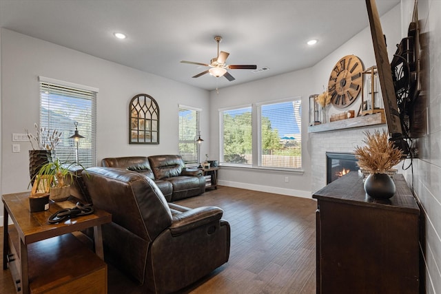 3204 Maplewood Dr, Mckinney, TX 75071 - living area with a fireplace, a ceiling fan, plenty of natural light, dark wood finished floors, and recessed lighting