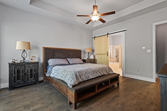 3204 Maplewood Dr, Mckinney, TX 75071 - bedroom featuring a barn door, wood finished floors, connected bathroom, and a ceiling fan
