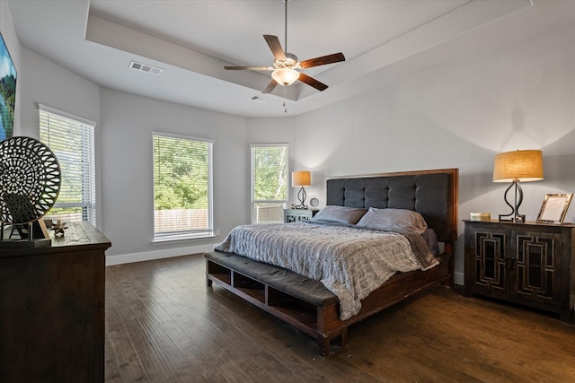 3204 Maplewood Dr, Mckinney, TX 75071 - bedroom with dark wood finished floors, a tray ceiling, multiple windows, and ceiling fan