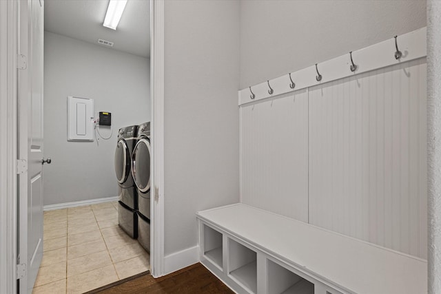 3204 Maplewood Dr, Mckinney, TX 75071 - mudroom with washer and dryer, electric panel, and tile patterned flooring