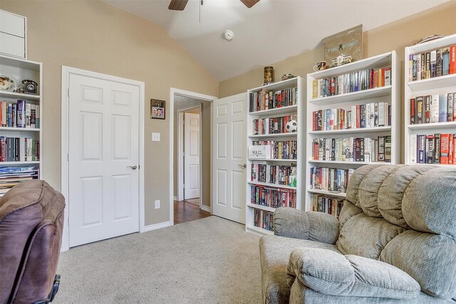 2134 Lorrie Ln, Weatherford, TX 76087 - living area featuring a ceiling fan, lofted ceiling, and carpet
