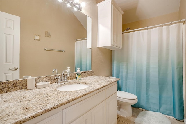 2134 Lorrie Ln, Weatherford, TX 76087 - bathroom with tile patterned floors, vanity, toilet, and a shower with curtain