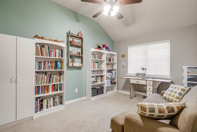 2134 Lorrie Ln, Weatherford, TX 76087 - carpeted home office with vaulted ceiling, ceiling fan, and baseboards