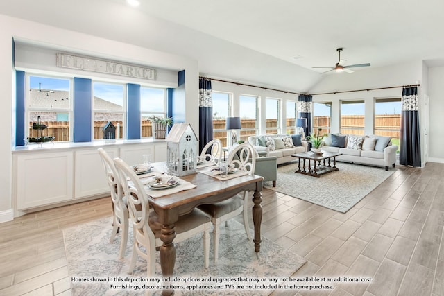 1032 Snowy Owl Dr, Alvarado, TX 76009 - dining space featuring ceiling fan, light wood-type flooring, and lofted ceiling