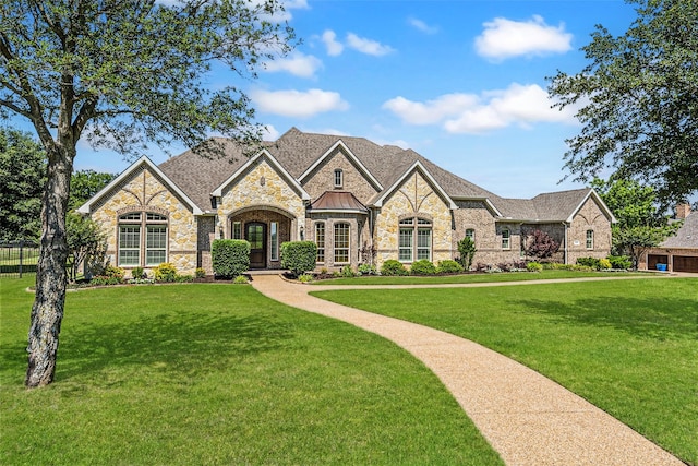305 Crestfield Ct, Sunnyvale, TX 75182 - french country inspired facade featuring a front lawn, a standing seam roof, and stone siding