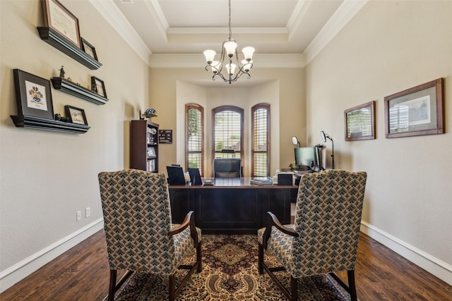 305 Crestfield Ct, Sunnyvale, TX 75182 - office featuring dark wood-type flooring, a chandelier, a tray ceiling, ornamental molding, and baseboards