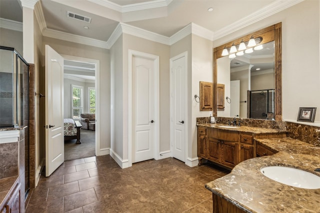 305 Crestfield Ct, Sunnyvale, TX 75182 - ensuite bathroom featuring two vanities, a stall shower, baseboards, and ornamental molding