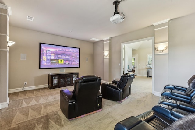 305 Crestfield Ct, Sunnyvale, TX 75182 - home theater featuring light colored carpet, baseboards, and ornate columns