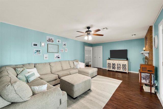 2118 Wooded Acres Dr, Waco, TX 76710 - living room with ceiling fan, dark wood-style flooring, and baseboards