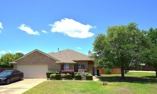 2851 Cobblestone Dr, Rockwall, TX 75087 - ranch-style house featuring a garage, brick siding, concrete driveway, a chimney, and a shingled roof