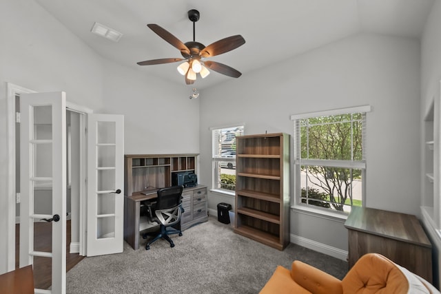 612 Wildriver Trl, Fort Worth, TX 76131 - carpeted office featuring french doors, lofted ceiling, a ceiling fan, and baseboards