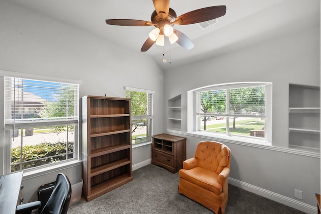 612 Wildriver Trl, Fort Worth, TX 76131 - sitting room featuring ceiling fan, carpet, lofted ceiling, baseboards, and built in features