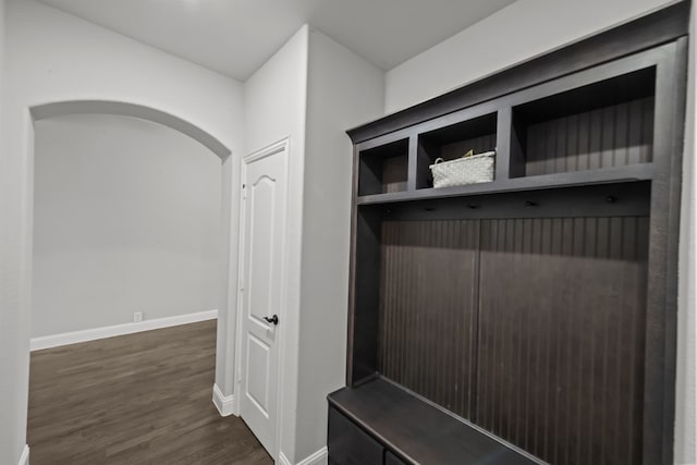 612 Wildriver Trl, Fort Worth, TX 76131 - mudroom featuring baseboards, dark wood-type flooring, and arched walkways