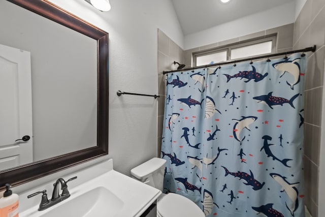 612 Wildriver Trl, Fort Worth, TX 76131 - bathroom featuring vanity, toilet, a shower with curtain, and lofted ceiling