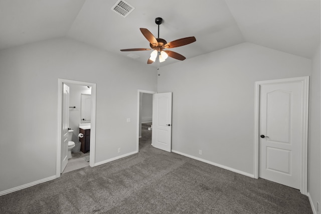 612 Wildriver Trl, Fort Worth, TX 76131 - unfurnished bedroom with vaulted ceiling, carpet floors, ensuite bathroom, baseboards, and a ceiling fan