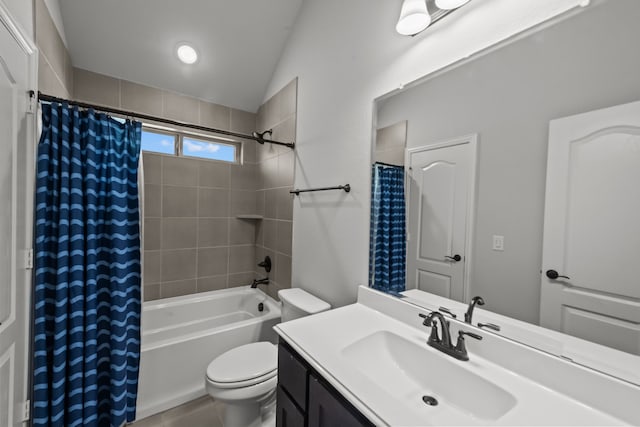 612 Wildriver Trl, Fort Worth, TX 76131 - bathroom featuring vanity, toilet, shower / bath combo with shower curtain, and lofted ceiling